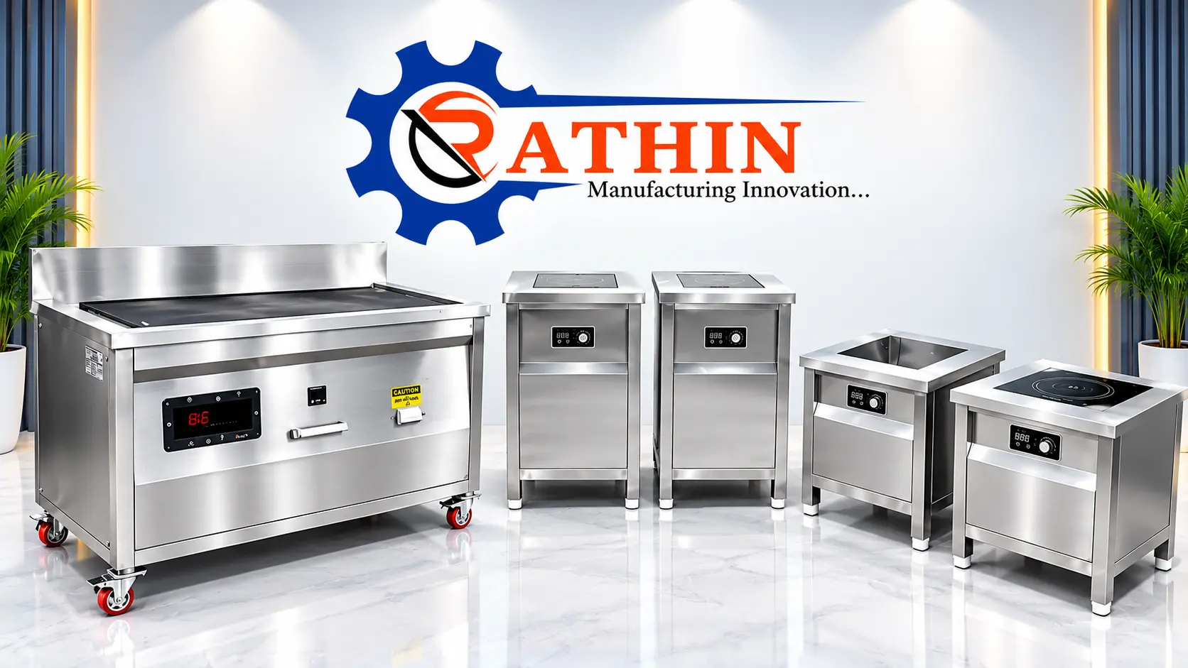 Rathin showroom with commercial induction griddle, floor-standing and table-top induction cooktops